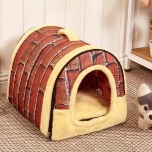 ペットハウス 犬 猫 室内用 ふわふわ ドーム型 可愛い 折り畳み式 (S, レンガ柄)｜otokurasi