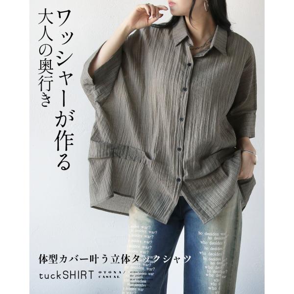 ワッシャーが作る大人の奥行き 体型カバー叶う立体タックシャツ 半袖 シアー ストライプ グレージュ ...