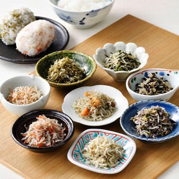 ちりめん八珍  送料無料 ご飯のお供  送料無料 ちりめん 梅 穴子 鯛 広島菜 さけ 昆布 えび ...