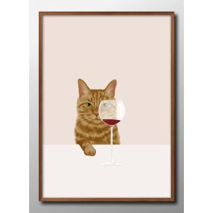 アート ポスター おしゃれ 絵画 インテリア 12994ワインと猫 ネコ A3サイズ 北欧 イラスト マット紙 管理ID: