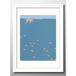 日本製 ポスター スイミング ラブラドール 魚 絵画 インテリア A3サイズ アート 新築祝い ギフト 模様替え 北欧 管理ID:14158