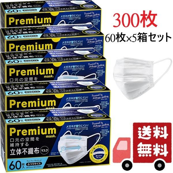 5箱セット Premium 立体不織布マスク ふつうサイズ 300枚 ダブルワイヤー ホワイト ミツ...