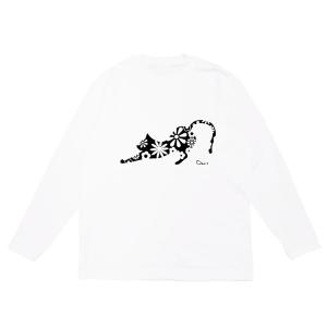 長袖Tシャツ 送料無料 カットソー トップス メンズ レディース オシャレ 花柄 猫 CAT ワンポイント フラワーキャット ホワイト 白｜our-s