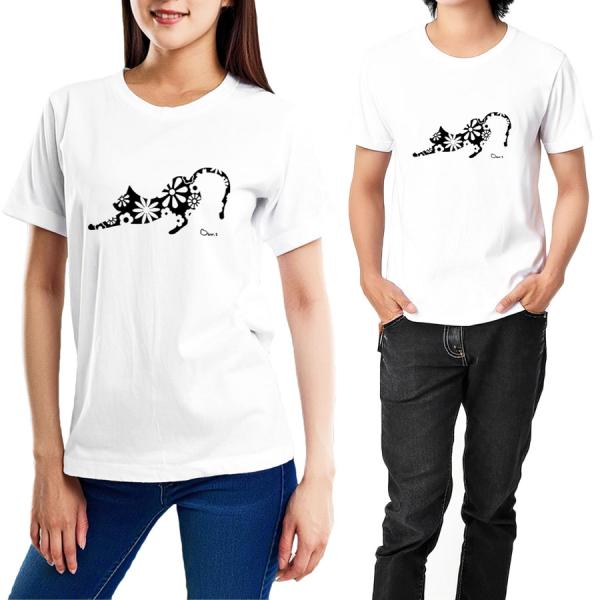 Tシャツ 洋服 半袖 カットソー トップス メンズ レディース 花柄 猫 CAT シルエットフラワー...
