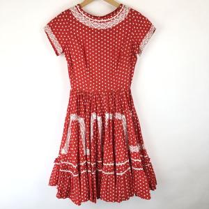 古着 花柄ワンピース レース使い ティアード ヴィンテージ 半袖 レッド系 レディースS 中古 n014676｜outfit-vintage