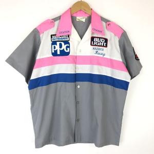 California BOWLING SHIRT CO. ワークシャツ 切り替え MADDOX RACING マーキュリー 半袖 グレー系 メンズL｜outfit-vintage