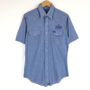 Wrangler ラングラー ウエスタンシャツ made in USA シャンブレー素材 LASVEGAS HILTON 半袖 ブルー系 メンズM n017714｜outfit-vintage