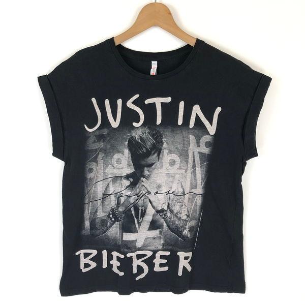 古着 JUSTIN BIEBER ミュージックプリントTシャツ レディース仕様 ブラック系 レディー...