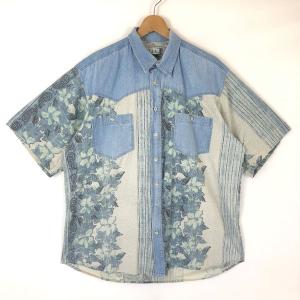 【古着】 EAGLE 柄シャツ ウエスタン デニム切換え 花柄 半袖 ブルー系 メンズL 【中古】 n031606｜outfit-vintage