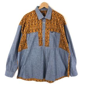 【古着】 woodin アフリカン シャツ 総柄 シャンブレー ヴィンテージ 長袖 ネイビー系 メンズXL以上 【中古】 n044191｜outfit-vintage