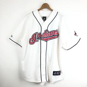 【古着】 Majestics ベースボールシャツ MLB クリーブランド インディアンズ 旧ロゴ 90年代 ホワイト系 メンズXL 【中古】 n053174｜outfit-vintage