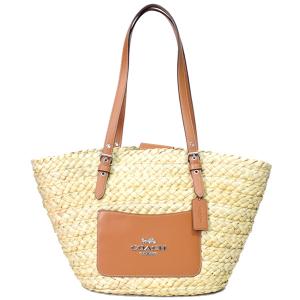 コーチ バッグ COACH ストロー スムースレザー かごバッグ ロゴ ラージ トートバッグ ナチュラル×ライトサドル CJ518｜outlet365