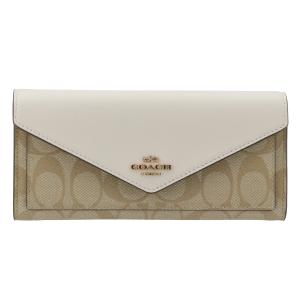 【訳あり】コーチ COACH 二つ折り長財布 COACH スリム ロング フラップ ウォレット シグネチャー ライトカーキ×チョーク 3034 IMDQC｜outleta