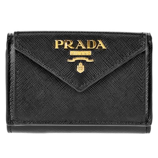 PRADA プラダ 三つ折り財布 ミニ財布 財布 レディース アウトレット ブラック レザー ボタン...