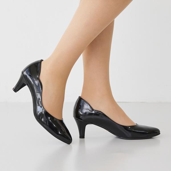 パンプス 走れる 痛くない 歩きやすい ミドルヒール アーモンドトゥ ウェーブカット サイドカット ...