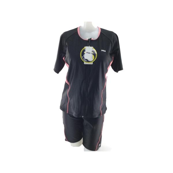 レディース水着 2点セット FILA フィラ カラー切替 フルジップ 半袖 体型カバー めくれ防止機...