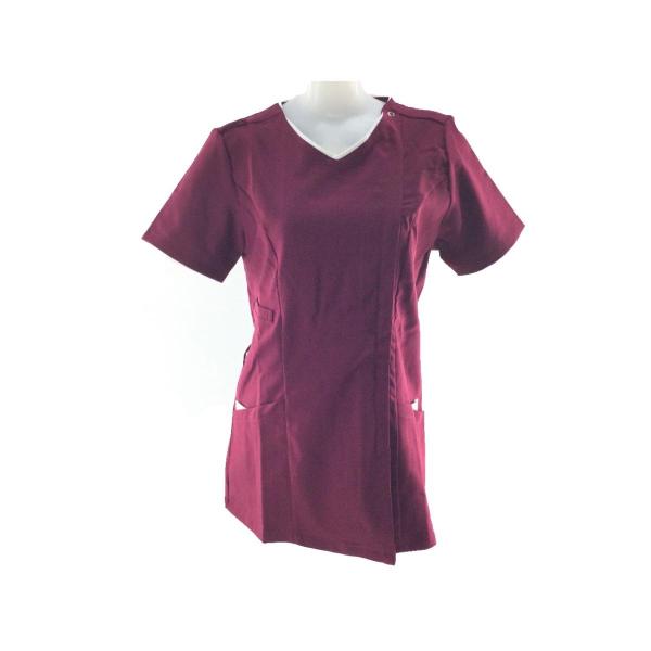 静電衿配色前開きスクラブ ストレッチギャバ 看護師 介護士 LL バーガンディxホワイト 送料250...