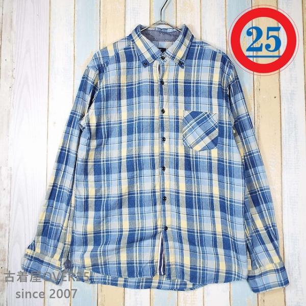 NAVY ネイビー 胸ポケット チェック柄 ボタンダウン フランネル 長袖シャツ クリームイエロー・...