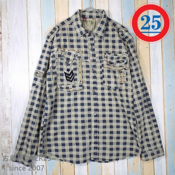 【ミリタリー風のチェック柄シャツ】F.U.S.A.I（エフ.ユー.エス.エー.アイ）軍服 ワッペン ...