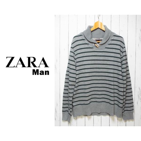 ビックシルエットが◎｜ ZARA MAN（ザラマン）グレー×グリーンボーダー柄長袖襟つきトレーナー（...