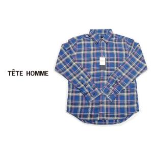 新品｜TETE HOMME（テットオム）｜ヴィンテージ加工 長袖チェック柄ネルシャツ（ブルー＆レッド系）｜サイズ：M（チェスト：88〜96）｜ メンズシャツ｜over30