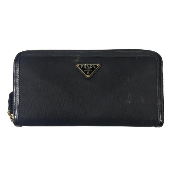 PRADA プラダ 長財布 ナイロン ラウンドファスナー 三角ロゴ ゴールド 枠レザー ブラック 黒...