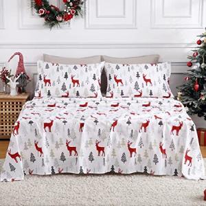 CAROMIO Christmas Flannel Sheets Queen, 100% Cotton Printed Bed Sheet Set, Soft Heavyweight Brushed Flannel, 16 Inches Deep Pocket Winter Warm Sheets