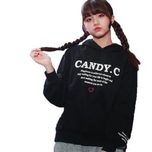 50%OFFセール SALE Candychuu キャンディチュウ 120-160cm ラインストーンロゴパーカー プルオーバー ブラック メール便OK 22AW 秋冬 子供服 キッズ 女の子｜owl-owl