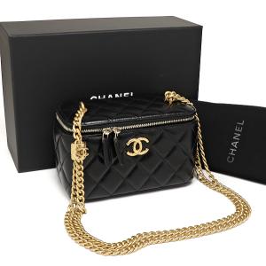 美品 シャネル マトラッセ Wチェーン クラッチ バニティケース AP3044 ラムスキン ブラック CHANEL