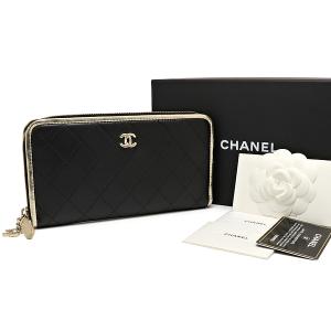 シャネル マトラッセ ラウンドファスナー長財布 チャーム付 カーフ ブラック メタリックゴールド CHANEL｜oyama