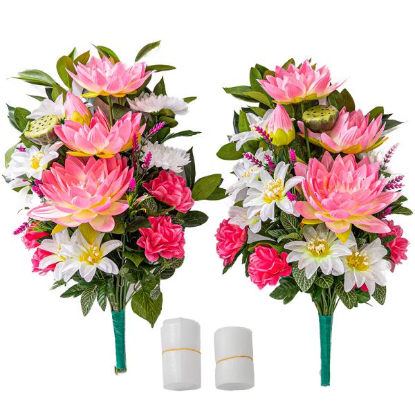 ハス　ダリア　菊　しきみ(樒)付き造花　2束　固定具付き　造花　仏花　お墓用　仏壇用　お墓参り　お盆...