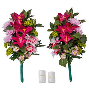 ユリと菊のお供え仏花、お盆花アレンジメント ユリ 菊 カーネーション 造花 2束 固定具付き 造花 仏花 お墓用 お