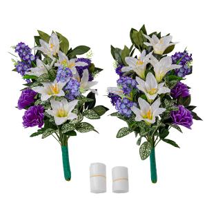 ユリ ライラック ダリア しきみ(樒)付き 造花 2束 固定具付き 造花 仏花 お墓用 お墓参り お盆 お彼岸 お供え 花 花束 アレンジメント ハンドメイド P1-066