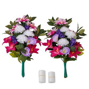 菊 ユリ ダリア しきみ(樒)付き 造花 2束 固定具付き 仏花 お墓用 お