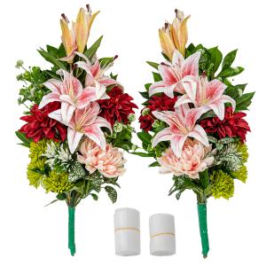 ユリ ダリア トルコキキョウ しきみ(樒)付き 造花 2束 固定具付き 仏花