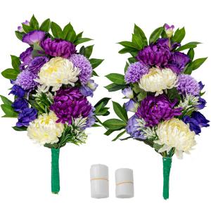 仏花、お供え花、クレマチス、ダリア、トルコキキョウお盆法事 ユリ ダリア トルコキキョウ しきみ(樒)付き 造花 2束 固定具付き 仏花