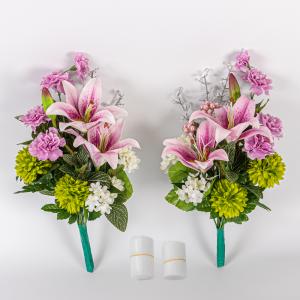 ユリ ダリア 菊 しきみ付き 造花 2束 固定具付き 仏花 お墓用 お墓参り