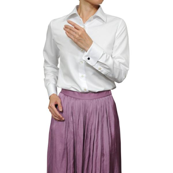 レディースシャツ ワイシャツ ブラウス ビジネス 長袖 ホワイト 白 ダブルカフス ワイドカラーシャ...