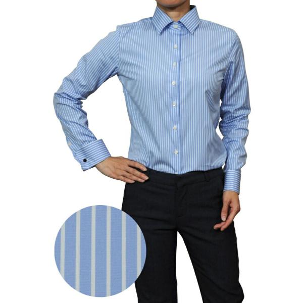 レディースシャツ ワイシャツ ブラウス ビジネス 長袖 ブルー ダブルカフス ワイドカラーシャツ プ...