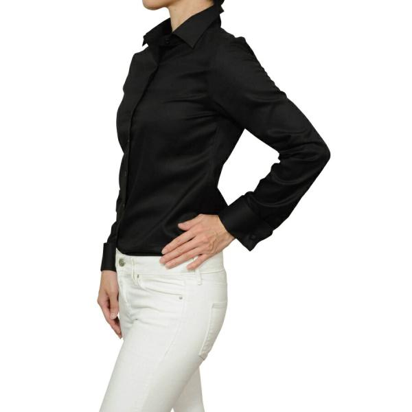 レディースシャツ ワイシャツ ブラウス ビジネス 長袖  ダブルカフス ブラック 黒 ワイドカラーシ...