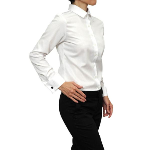 レディースシャツ ワイシャツ ブラウス ビジネス 長袖 ホワイト 白 ダブルカフス ワイドカラーシャ...