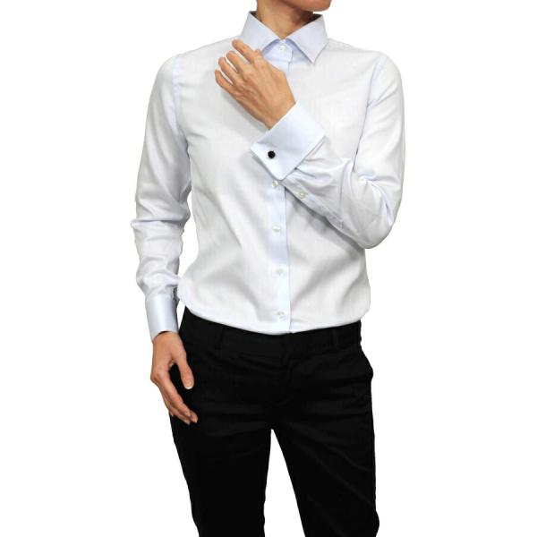 レディースシャツ ワイシャツ ブラウス ビジネス 長袖 ブルー 青 ダブルカフス ワイドカラーシャツ...