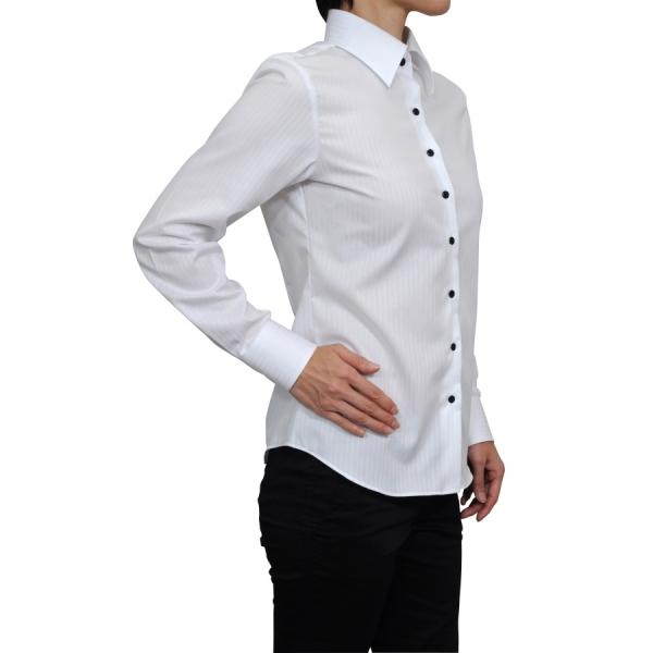 レディースシャツ ブラウス 長袖 ホワイト 白 ワイシャツ オフィス ビジネス ワイドカラー 日本製...
