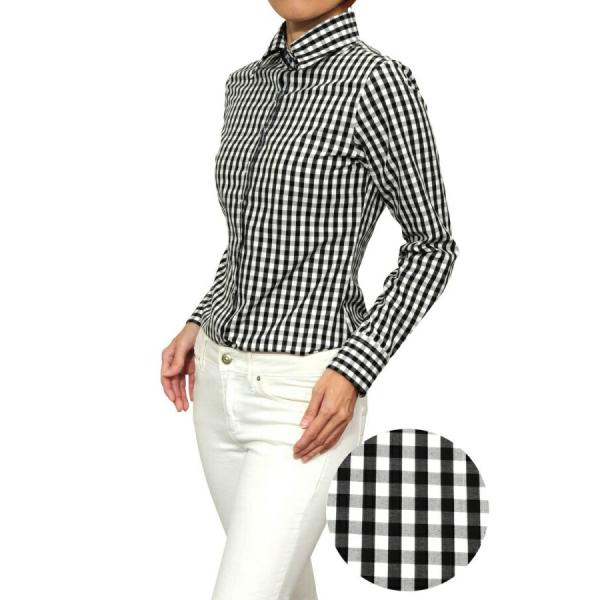 レディース シャツ ビジネス ワイシャツ ブラウス 長袖 ワイドカラー ブラック 黒 日本製 ナチュ...