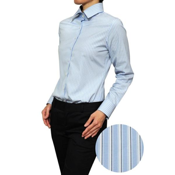 レディース シャツ ビジネス ワイシャツ ブラウス 長袖 ワイドカラー サックス ブルー 青 日本製...