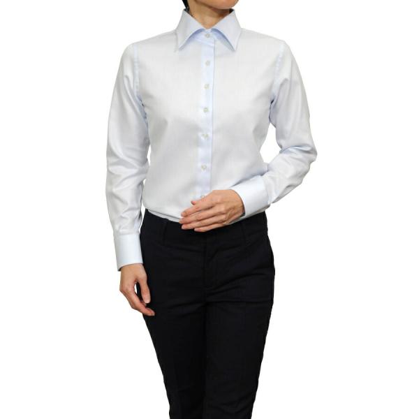 レディース シャツ ビジネス ワイシャツ ブラウス 長袖 ワイドカラー 青 ナチュラルフィット トッ...