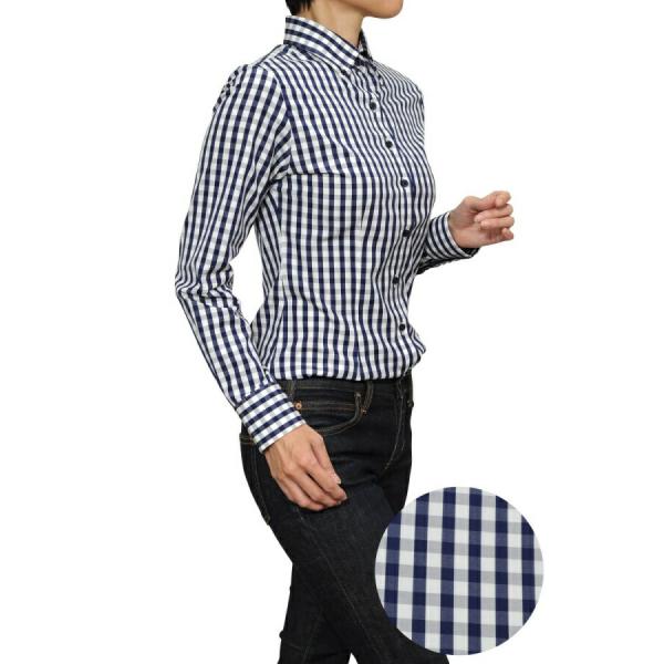 レディース シャツ ビジネス ワイシャツ ブラウス 長袖 ボタンダウン ネイビー 紺 日本製 スリム...