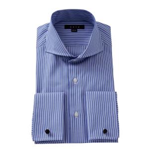 ワイシャツ メンズ 長袖 ブロード ドレスシャツ ダブルカフス ホリゾンタルカラー ブルー 青 綿100% Yシャツ 大きいサイズ おしゃれ｜ozie