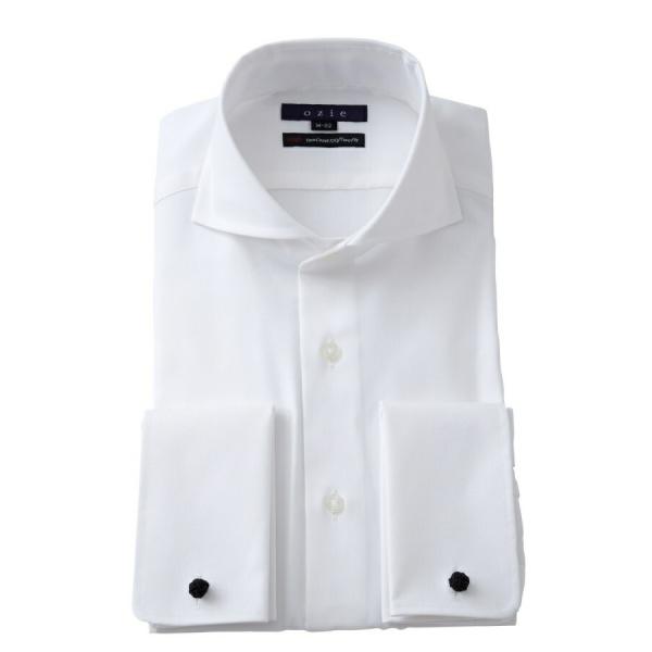 ワイシャツ メンズ 長袖 イージーケア ドレスシャツ ダブルカフス ホリゾンタルカラー ホワイト 白...