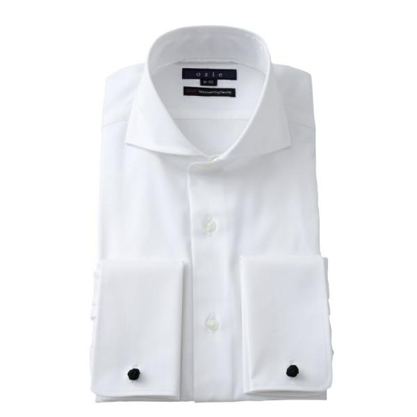 ワイシャツ メンズ 長袖 イージーケア ドレスシャツ ダブルカフス ホリゾンタルカラー ホワイト 白...